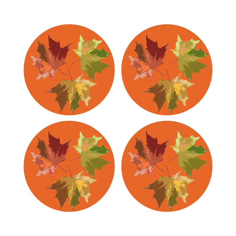 Autumn Leaves Vegan Leather Round Pebble Placemat, Orange