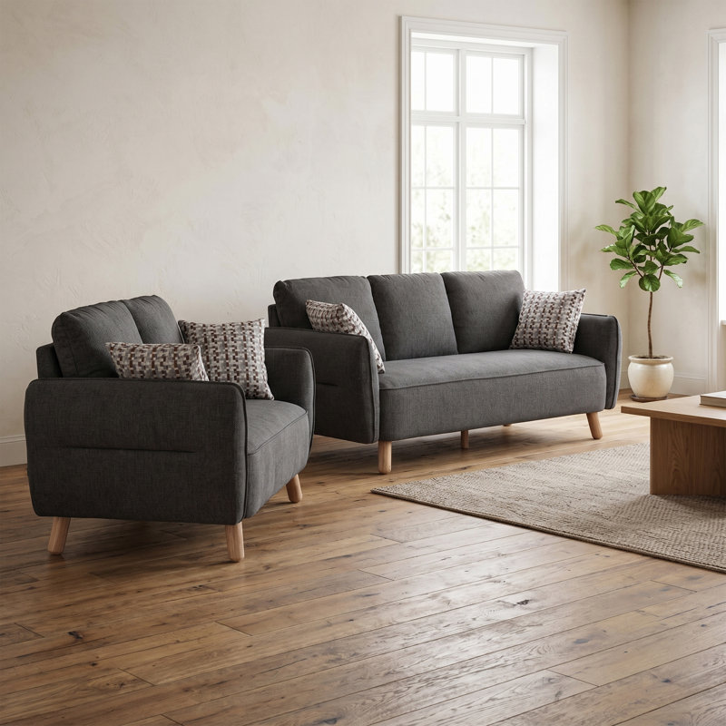Fixed Sofa Set, Dark Grey, 2 Pieces: Sofa, Loveseat