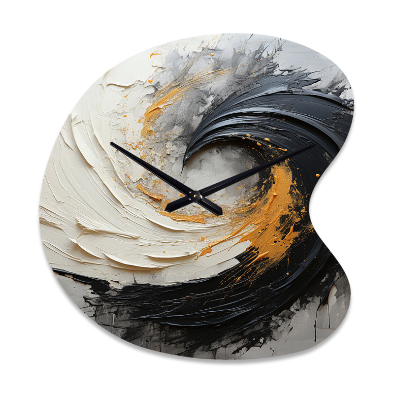 Infinite Motion IV - Horloge abstraite spirale asymétrique en métal, impression d'horloge murale de forme unique jaune, Petit