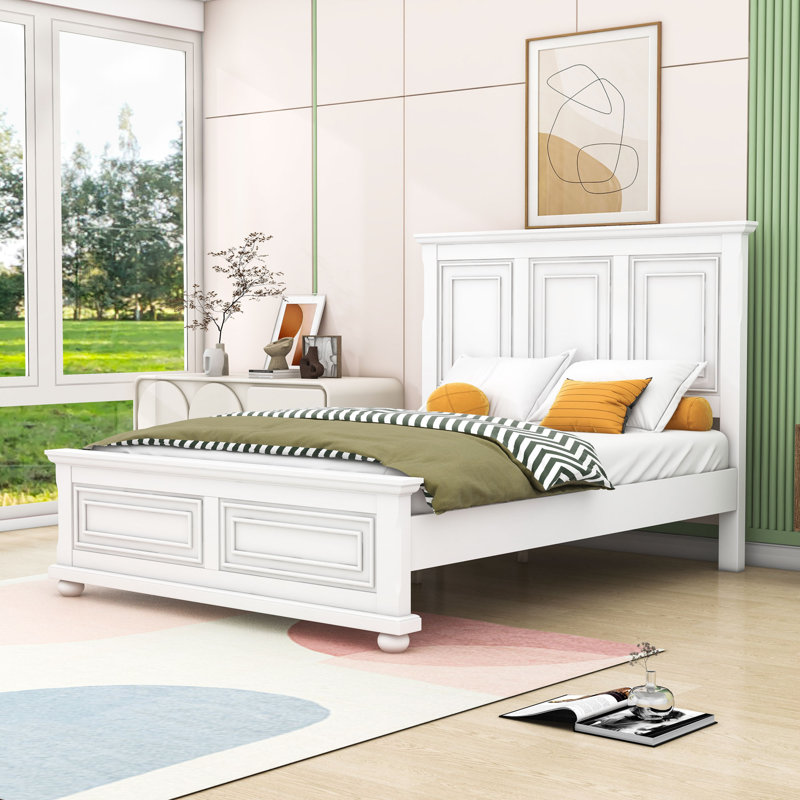 Panel Bed with Headboard and Slats, White, Queen