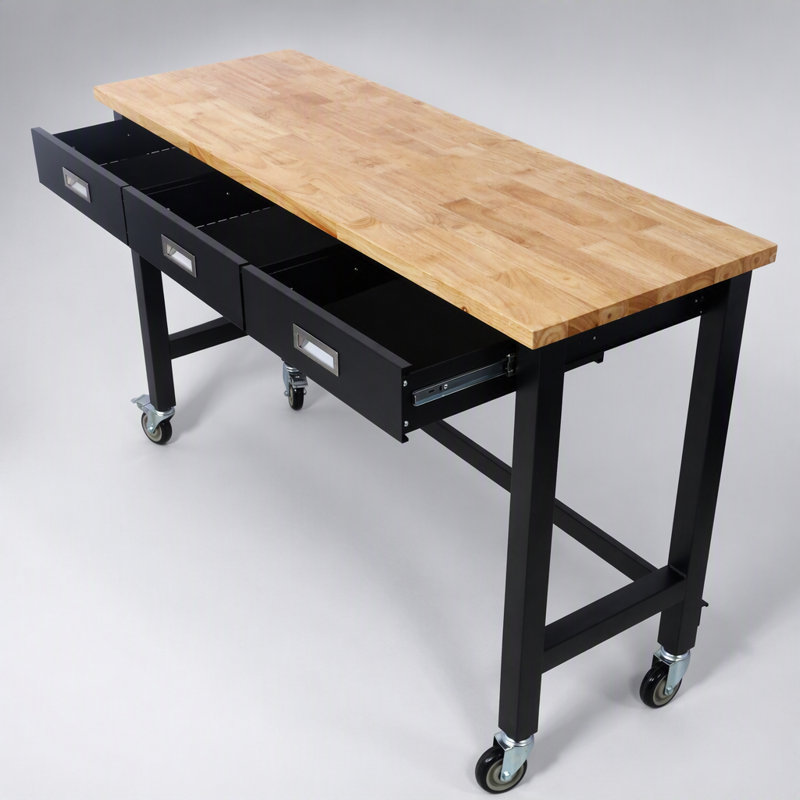 Banc de travail 60 po en bois de bambou robuste avec rangement pour tiroir et roulettes pour le garage et le bureau personnel