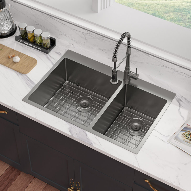 33" L Gunmetal Black Drop In Kitchen Sink 16 Gauge 60/40 Double Bowl Stainless Steel Sink with Sink Grids