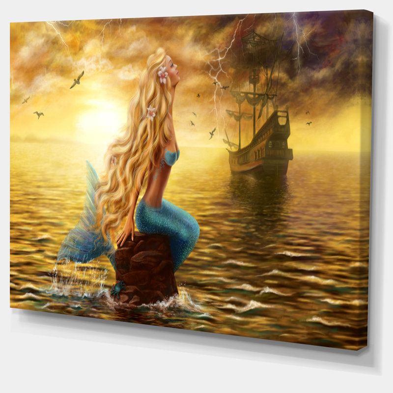 Sea Mermaid with Ghost Ship - impression d'art graphique, H 30 po x l 40 po x P 1 po, Toile tendue