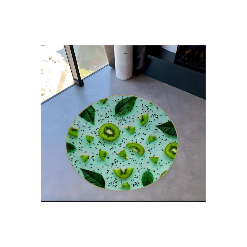 Tapis décoratif moderne à motif de feuilles vertes et de kiwi, Rond 5 pi