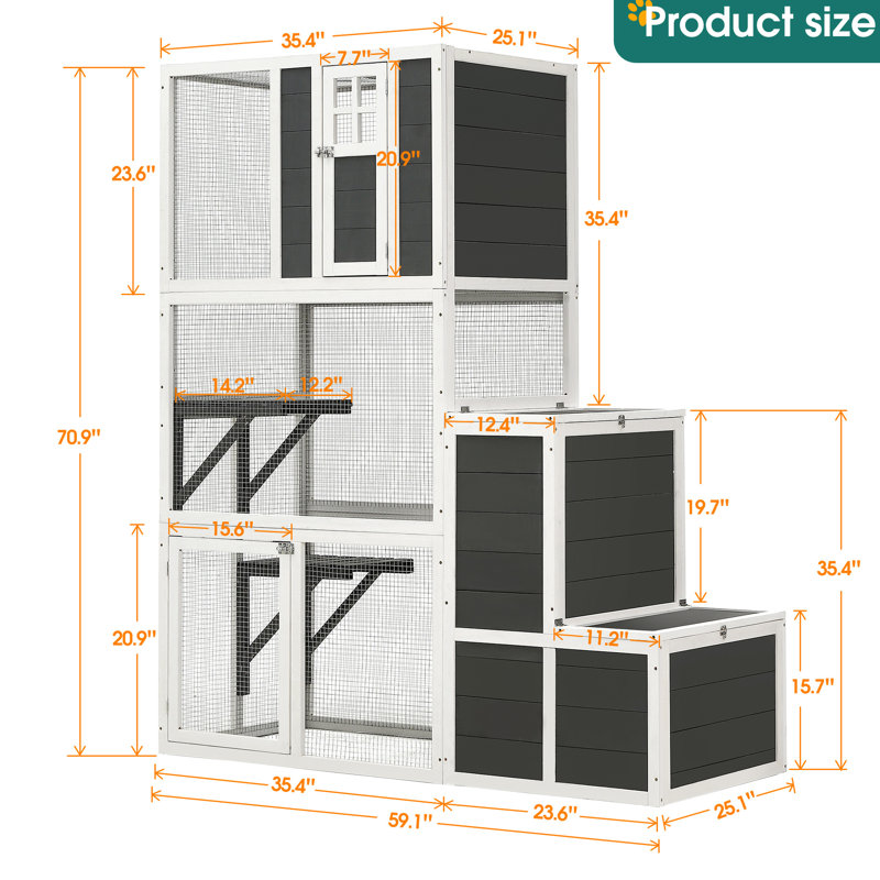 Enceinte pour chat 71 "en bois gris avec boîte à sauter et 2 salles de repos, 3 grandes cages, 4 plateformes, portes, pour 1 à 3 chats, intérieur