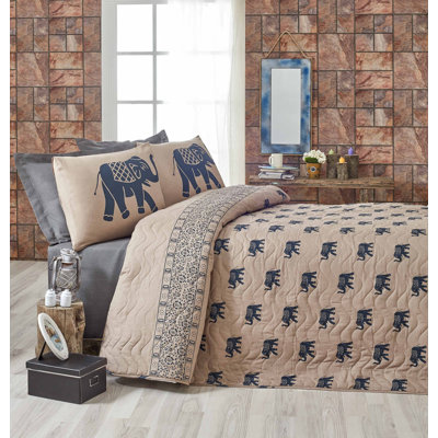 Ensemble de couvre-lit matelassé (simple), bleu et brun clair, 63,0 x 86,6 pouces | Housse 65% coton / 35% polyester, rembourrage 100% fibres | Lavable à la machine, housse de coussin, conception élégante et confortable
