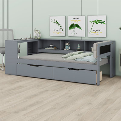 Lit plateforme en bois avec tablettes de rangement, tiroirs, station de charge et tête de lit tapissier