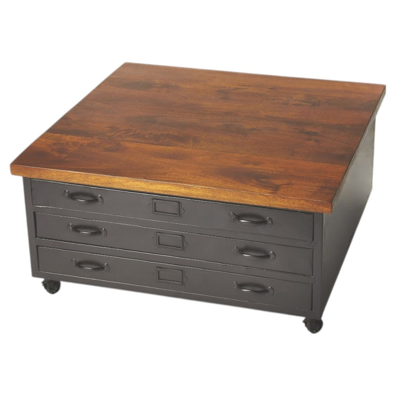  Table basse 36 po à trois tiroirs en bois massif et métal brun et gris