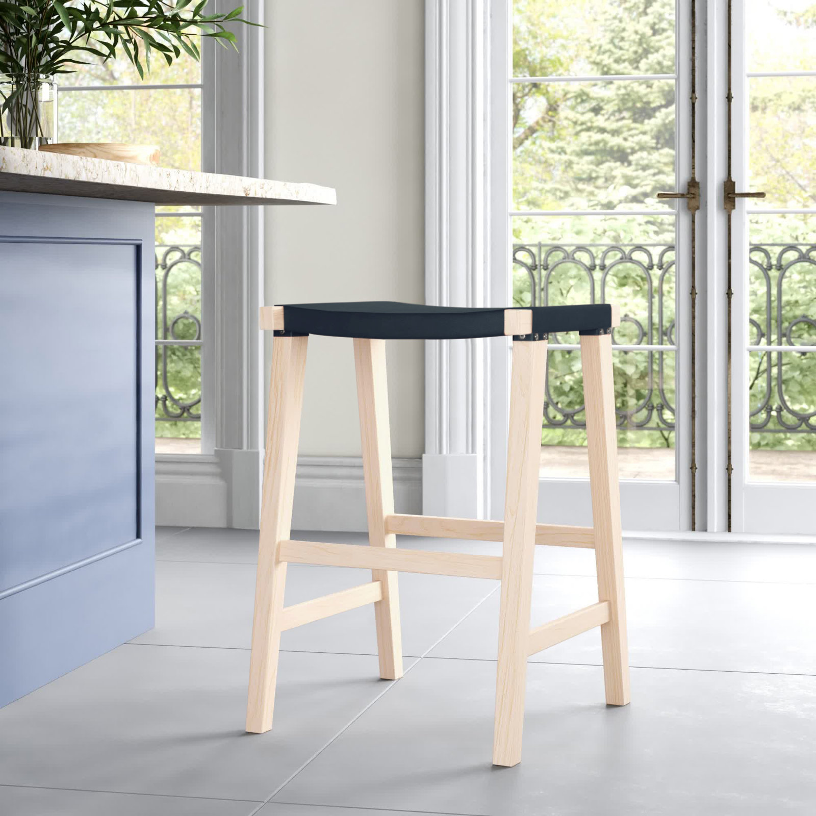 Kellan Genuine Leather Bar and Counter Stool, Black Genuine Leather, Counter Stool (26.8” Seat Height)