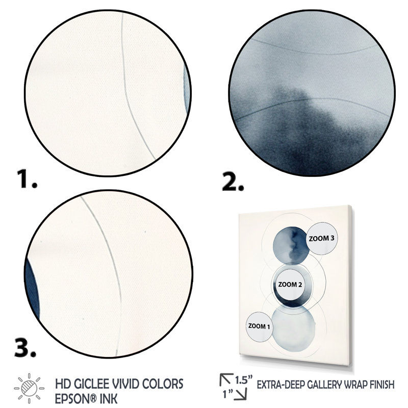 «Essential Circles Retro», aquarelle bleue sur toile, H 32 po x l 24 po x P 1 po, Cadre simple argenté