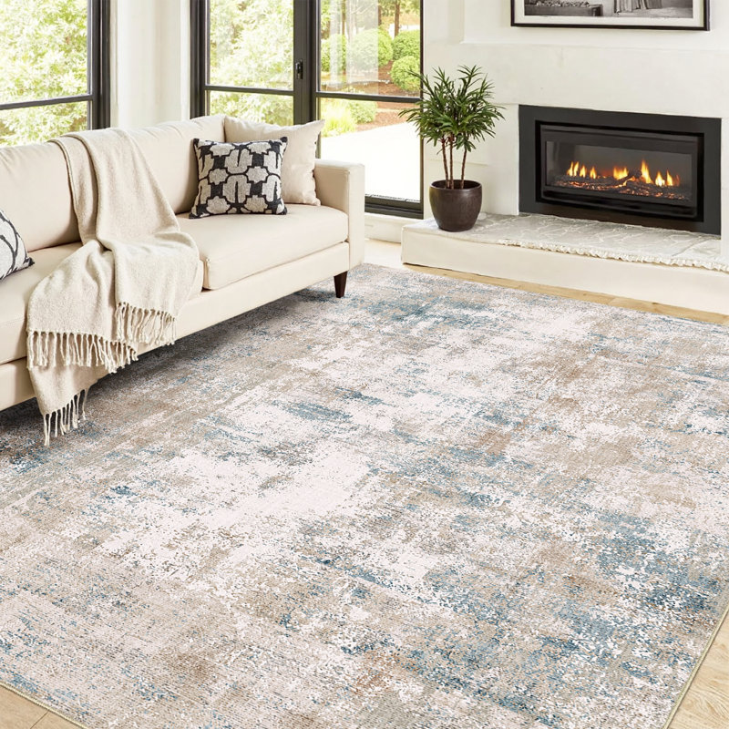 Tapis Elroy moderne abstrait lavable à la machine avec envers en caoutchouc antidérapant, Bleu beige