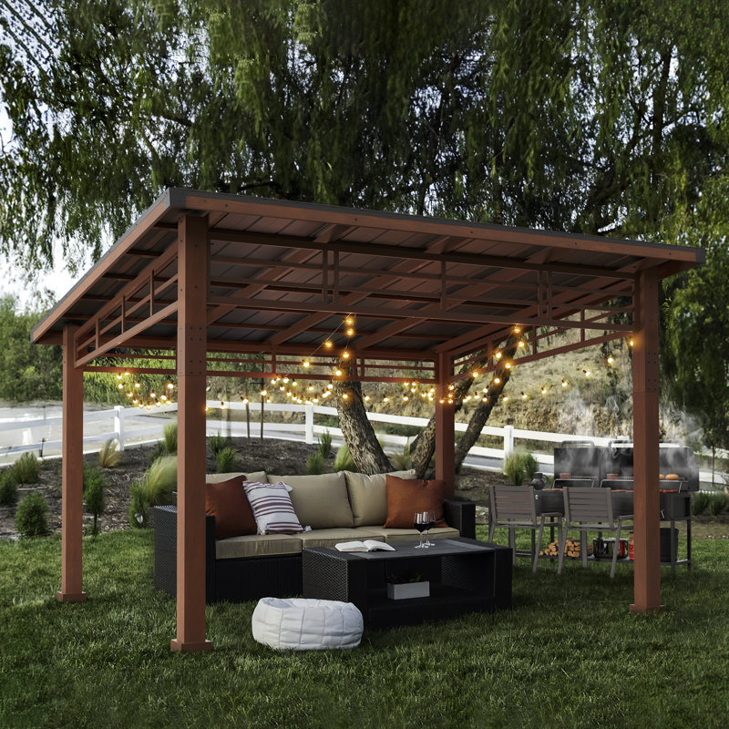 Pavillon de jardin en bois massif 14 pi x 12 pi, Arcadia, toit en acier incliné résistant, avec un rideau, cadre en cèdre, pavillon de barbecue