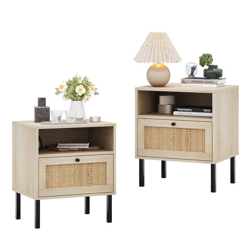 Aimara Rectangular Nightstand with Rattan Door, Natural, Set of 2