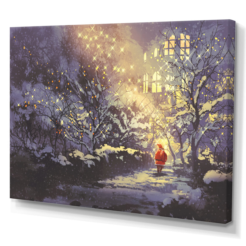 Père Noël en hiver enneigé - œuvre d'art moderne sur toile, H 30 po x l 40 po x P 1,5 po, Toile tendue