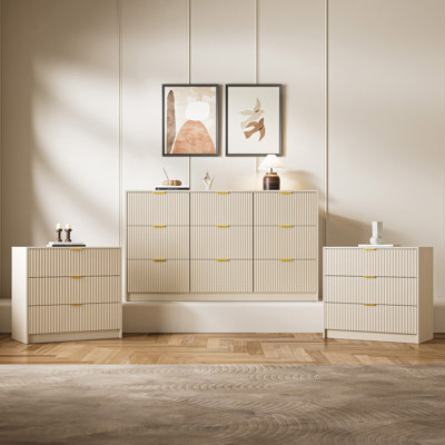Diedre 3-piece Bedroom Set, 9 Drawer Dresser And 3 Drawer Nightstand Set Of 2