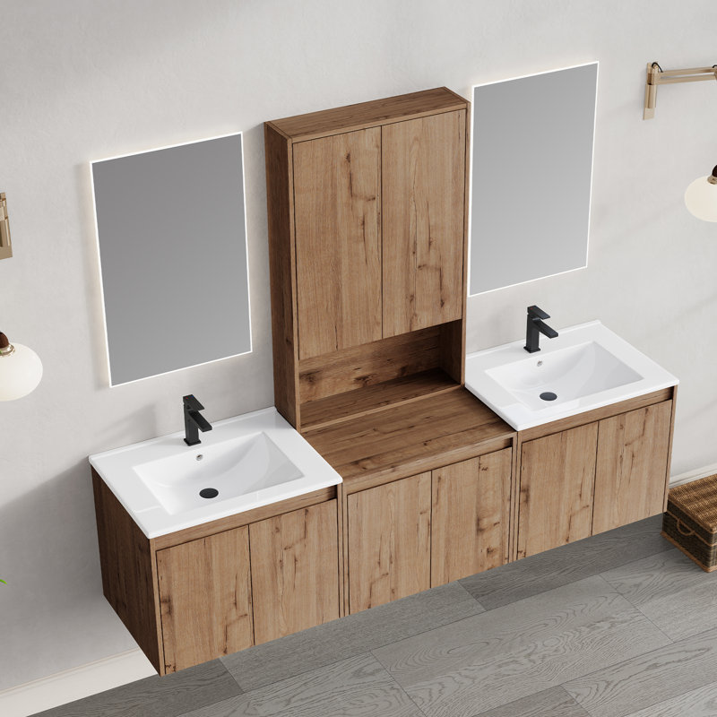 Meuble-lavabo mural 72 po avec armoires à pharmacie, tiroirs à fermeture en douceur, tablettes réglables et grand rangement