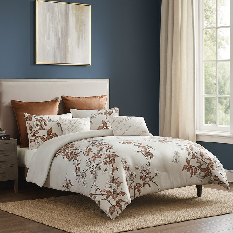 Jenya, imprimé floral orange épice, blanc, Édredon pour grand lit + 2 taies décoratives pou