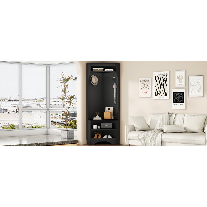 Minimalist Corner Hall Tree with Shoe Bench, Black