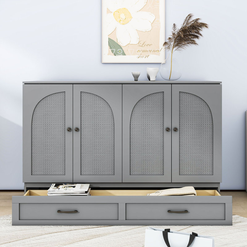 Carlysia Wooden Murphy Bed with Storage Drawers and Built-In Charging Station, Gray, Queen