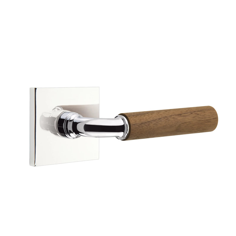 Ensemble de leviers de passage Emtek Select avec rosette carrée et tige R-Bar, poignée en noyer foncé, Chrome poli, Oui