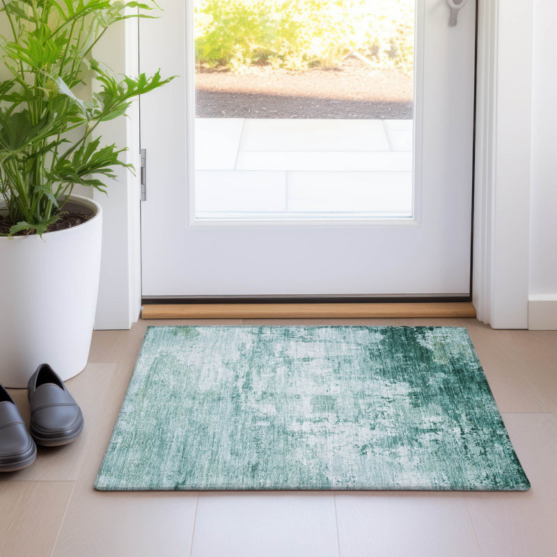 Aqua Rectangular Washable Synthetic Indoor/Outdoor Rug