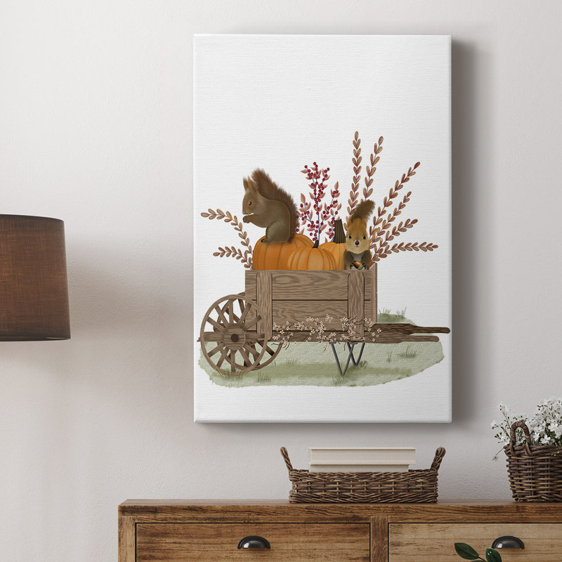 Écureuils dans une brouette citrouille - galerie Cavas sur mesure, H 18 po x l 12 po