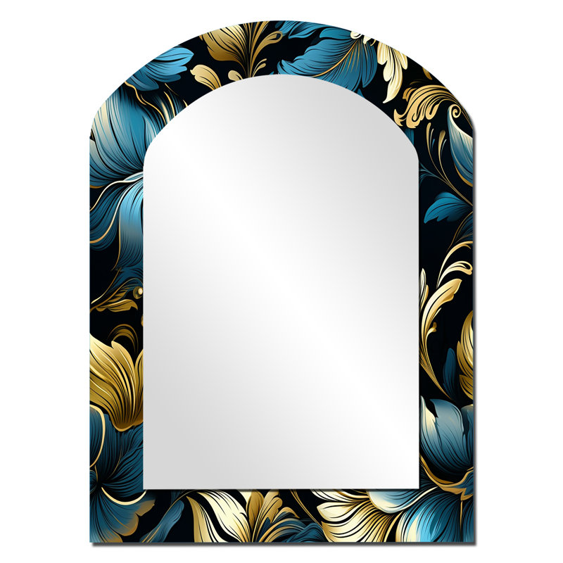 Or et bleu luxe damassé Serenade - grand miroir mural asymétrique damassé, miroir décoratif arqué doré, impression d'art en métal