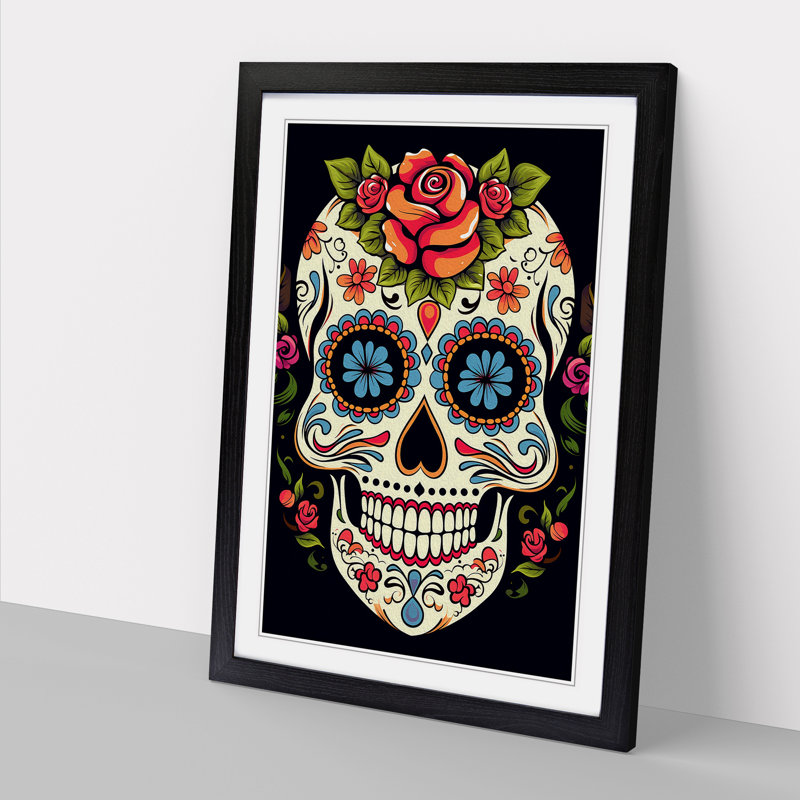 Sugar Skull Line No.4 - Single Picture Frame Print on Wood, 34cm H x 25cm W x 2cm D, Black