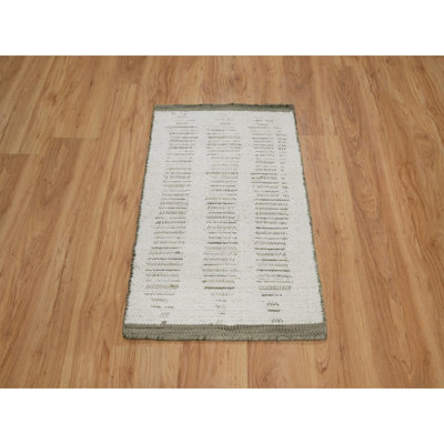 2'x3' Pearl White, Flat Weave with Pile, Textured, Hand Woven, Undyed Natural Wool, Mat, Sample, Oriental Rug