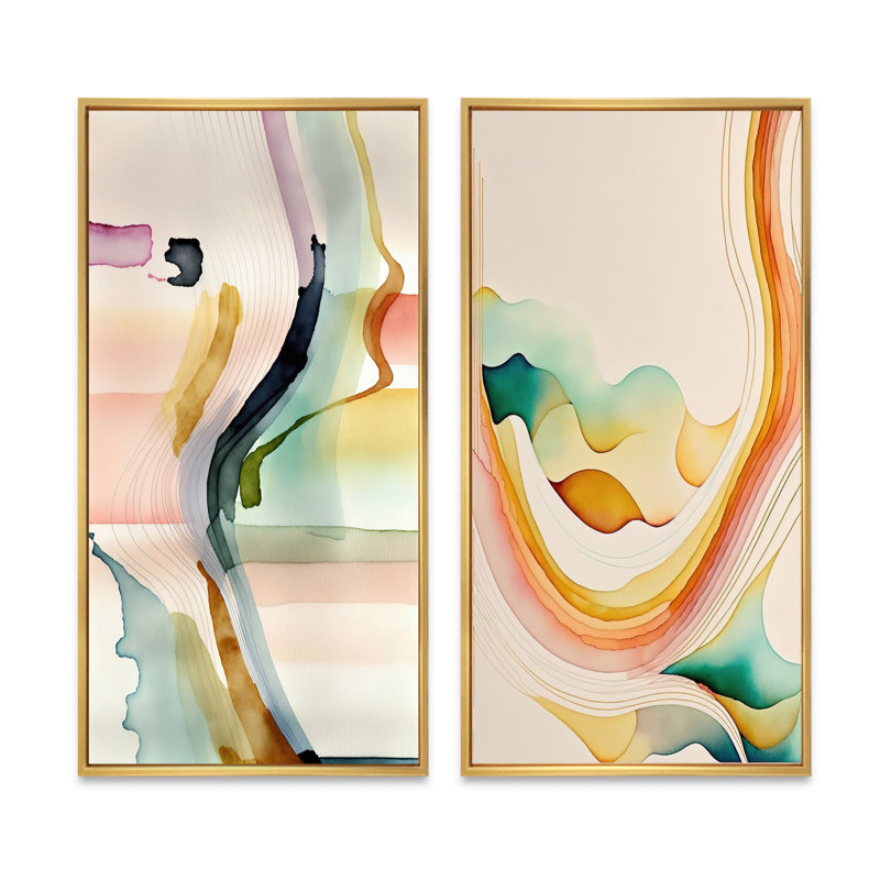 «Multi-Color Abstract Waves», 2 pièces sur toile, Encadrement doré, H 20 po x l 24 po