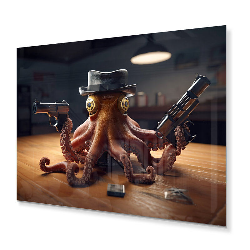 Mobster Octopus with Hat - Impression sans cadre sur métal, H 12 po x l 20 po x P 1 po, Métal métal