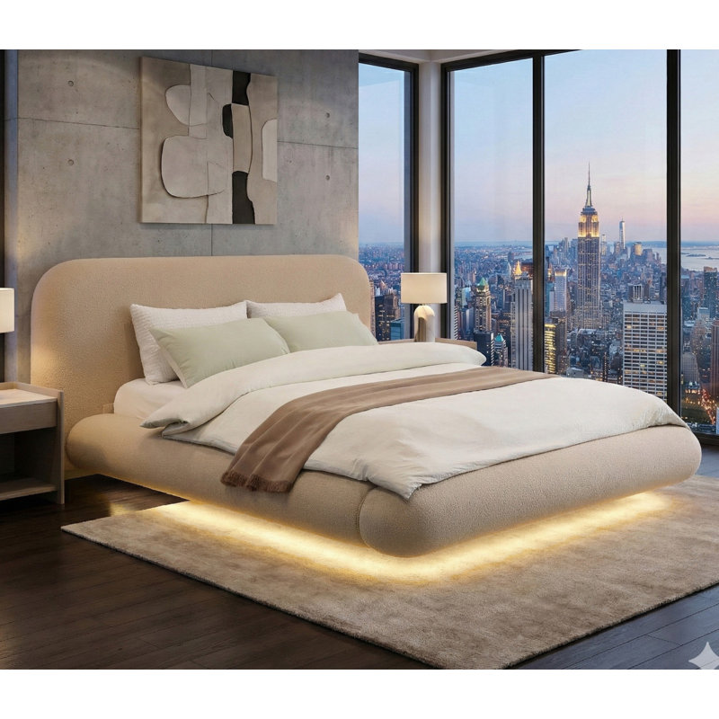 Lit plateforme tapissier moderne de style nuage avec tête de lit courbée, Beige, Très grand