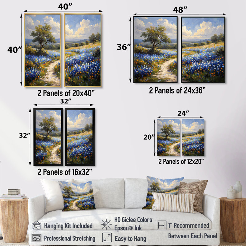 «Blue Green Summer Meadow Charm Blue Bonnets - Blue Bonnets Wall Art», ensemble de 2 impressions sur toile à motif floral bleu
