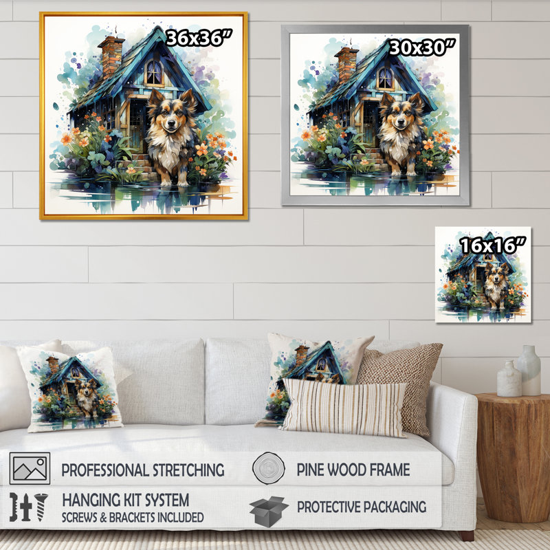 Cozy Sheltie Cottage - Art mural chien, H 16 po x l 16 po x P 1 po, Cadre simple noir