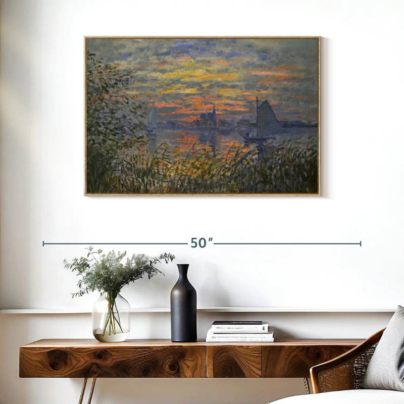 Vue marine avec coucher de soleil, Cadre flottant en bois naturel, 37 po x 25 po