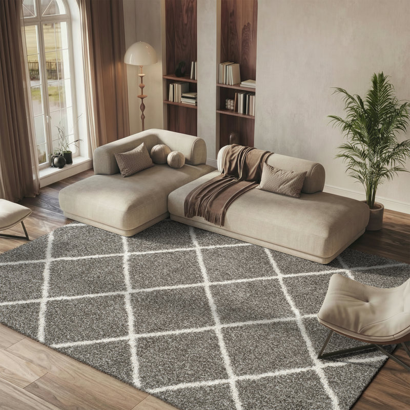 Tapis géométrique gris / ivoire, Rectangle 8 pi x 10 pi, Très moelleux 2 po