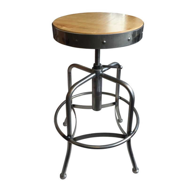Industrial Adjustable Stool, Wood- Natural, Clear Coat