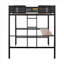 Élégante base de lit mezzanine pleine grandeur en acier noir avec bureau intégré et tablettes de rangement pour les dortoirs et les petites chambres à coucher