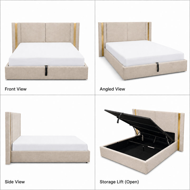 Modern Wingback Linen Upholstered Platform Bed with Gas Lift Storage, King, Mink Linen, Mink, King