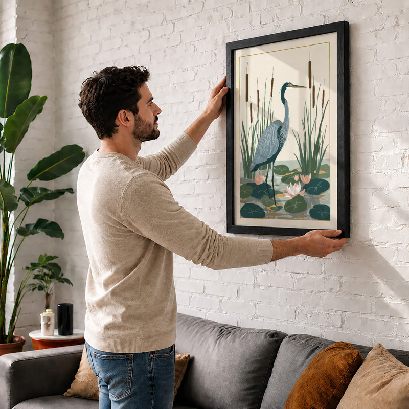 Heron Among Cattails Botanical - Framed Print, A4 - 29.7 x 21.0 cm, Black