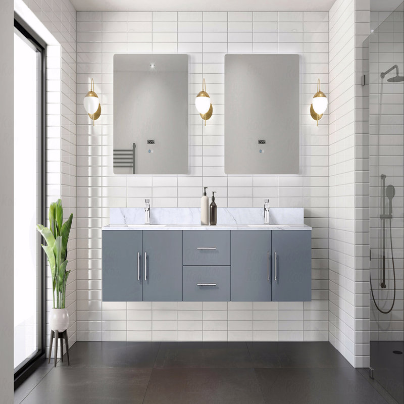 Meuble-lavabo à double cuve 80 po de largeur x 22 po de profondeur, comptoir en marbre de Carrare, Gris, 80"