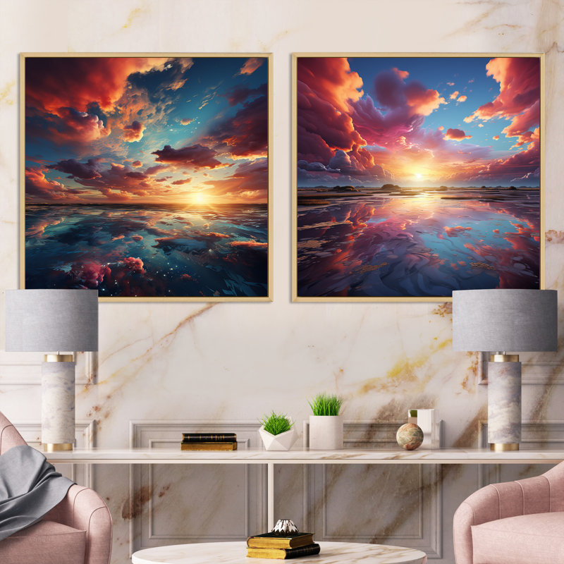 Majestic Dream Sunset Horizon - ensemble de 2 collages carrés Sunset, H 16 po x l 33 po, Cadre flottant brun