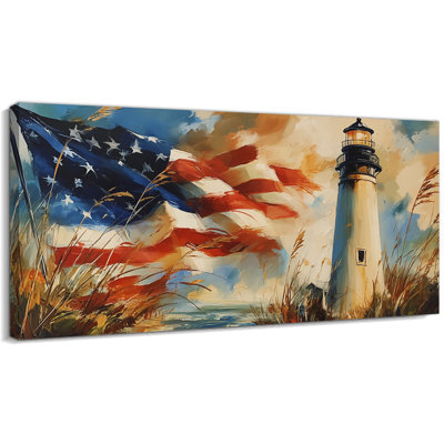  Large Americana Canvas Wall Art - Patriotic Lighthouse and American Flag Picture Artwork for 4th of July Decor, Canvas Print Painting for Living Room, 28×58 inches