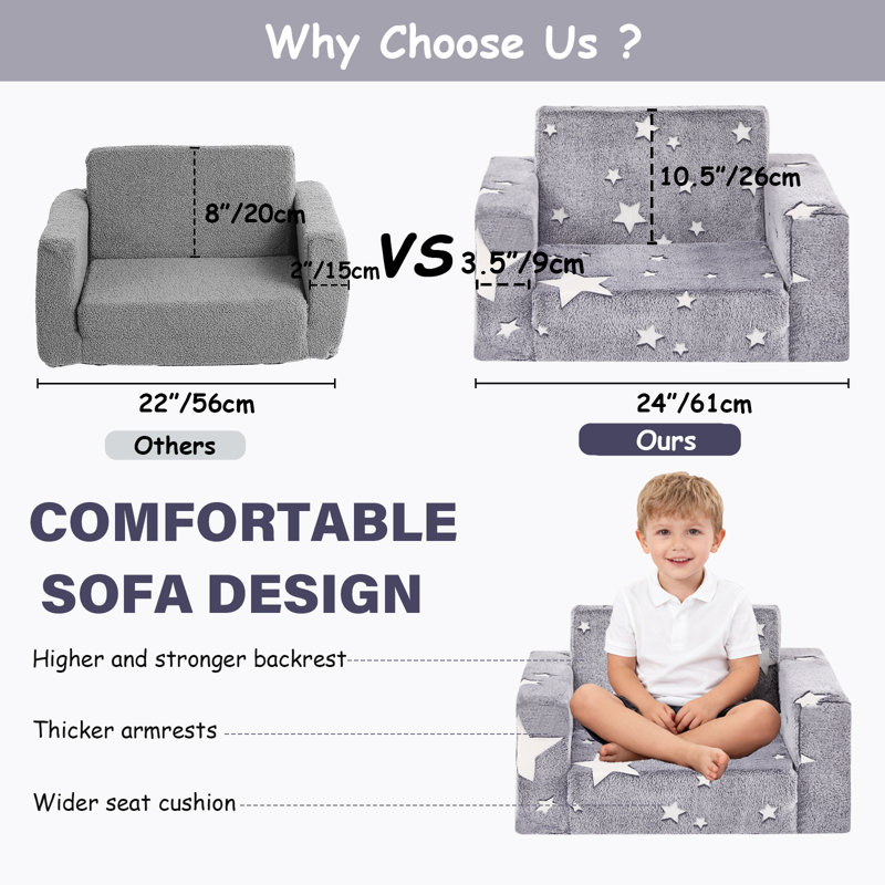 Kids Sofa, 2 In 1 Kids Fold Out Chair Convertible Sofa To Lounger, Grey Star