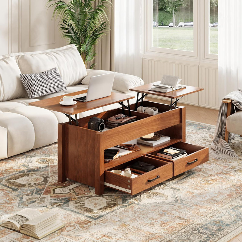 Table basse avec plateau relevable et rangement, table multifonctionnelle de 47,2 po: comprend un plateau de table relevable en bois, 2 tiroirs, un compartiment caché pour le salon et le bureau personnel