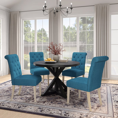 5-Piece Banff Dining Set: Round Cross-Buck Table & 4 Tufted Chairs, Blue