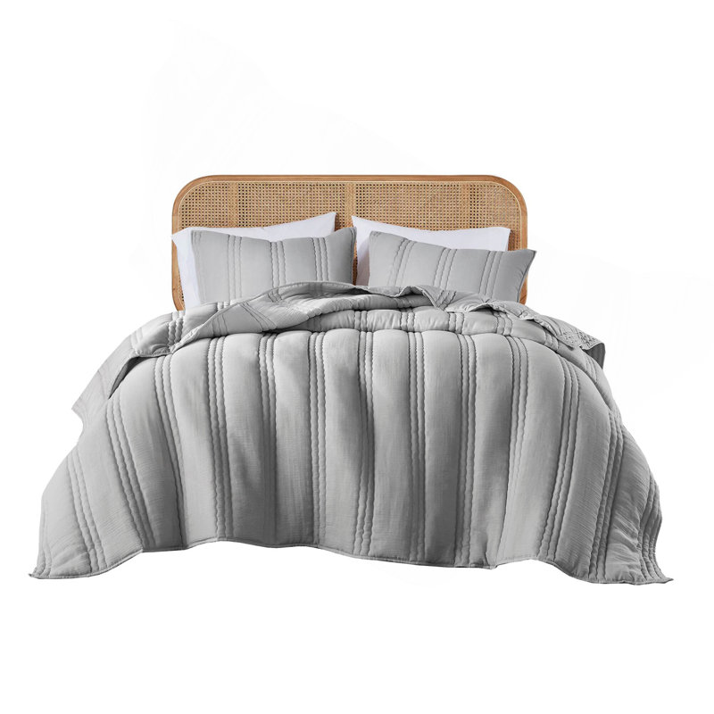 3 PCS Poly Gauze Quilt Set, Gray, Full Quilt + 2 Shams