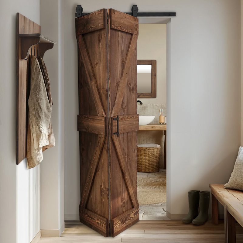 Single Bi-Folding System Solid Pine Barn Door, Brown