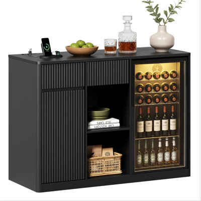 Fluted Bar Cabinet with Fridge Space, Modern Coffee Station with Charging Hub & Wine Glass Rack, Black Buffet Sideboard