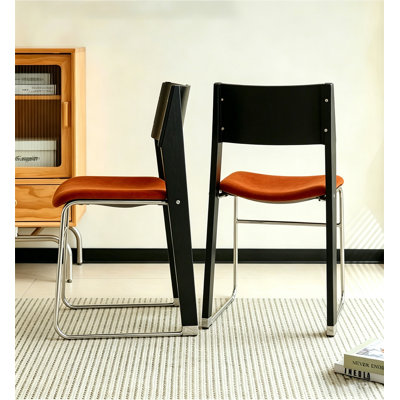 Modern Mixed-Media Dining Chair, Wood Backrest + Metal Legs with Orange Upholstered Seat